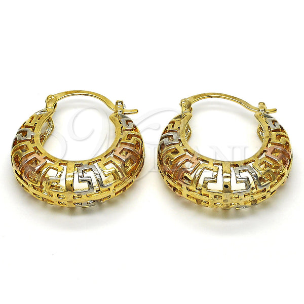 Gold Filled Hoop Earrings — Medium Hoop Greek Key Design Polished Tricolor 02. — main product view — SKU 115814 | Oro Laminado aretes de aro — Medium Hoop Greek Key diseño pulido Tricolor 02. — SKU 115814