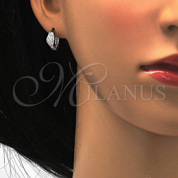 Sterling Silver Hoop Earrings — Huggie Hoop Leaf Design with White Micro Pave — alternate product view — SKU 115833 | Plata 925 aretes de aro — Huggie Hoop Leaf diseño with blanco Micro Pave — SKU 115833