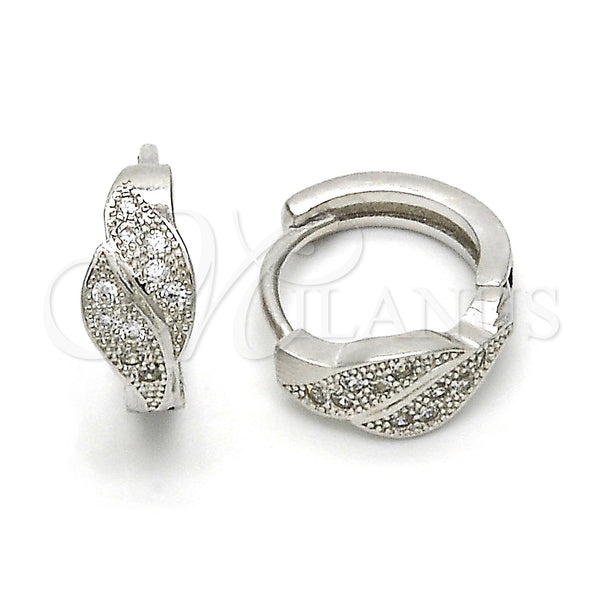 Sterling Silver Hoop Earrings — Huggie Hoop Leaf Design with White Micro Pave — main product view — SKU 115833 | Plata 925 aretes de aro — Huggie Hoop Leaf diseño with blanco Micro Pave — SKU 115833