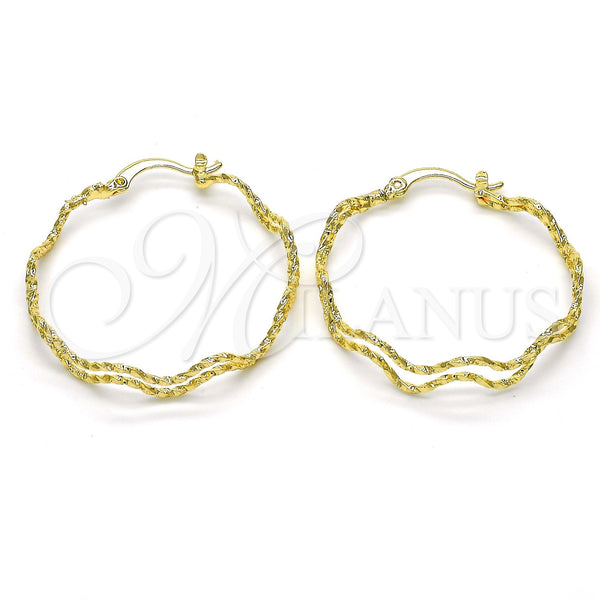 Gold Filled Hoop Earrings — Medium Hoop Twist Design Diamond Cutting 02. — main product view — SKU 115900 | Oro Laminado aretes de aro — Medium Hoop Twist diseño Diamond Cutting 02. — SKU 115900