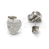 Sterling Silver Stud Earring, Heart Design, with White Micro Pave, Polished, Rhodium Finish, 02.175.0098