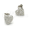 Sterling Silver Stud Earring, Heart Design, with White Micro Pave, Polished, Rhodium Finish, 02.175.0098