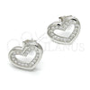 Sterling Silver Stud Earring, Heart Design, with White Micro Pave, Polished, Rhodium Finish, 02.175.0106