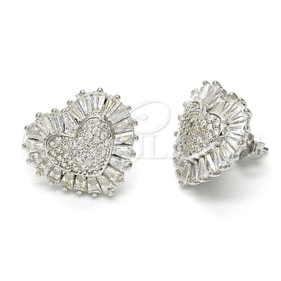 Sterling Silver Stud Earring, Heart Design, with White Cubic Zirconia and White Micro Pave, Polished, Rhodium for wholesale, main product view