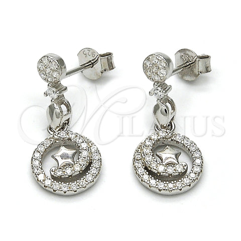 Sterling Silver Dangle Earring, Spiral and Star Design, with White Cubic Zirconia and White Micro Pave, Polished, Rhodium Finish, 02.175.0127