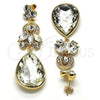 Oro Laminado Long Earring, Gold Filled Style Leaf and Teardrop Design, with White Cubic Zirconia and White Crystal, Polished, Golden Finish, 02.268.0049.1