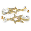 Oro Laminado Long Earring, Gold Filled Style Star and Teardrop Design, with White Crystal, Polished, Golden Finish, 02.268.0053