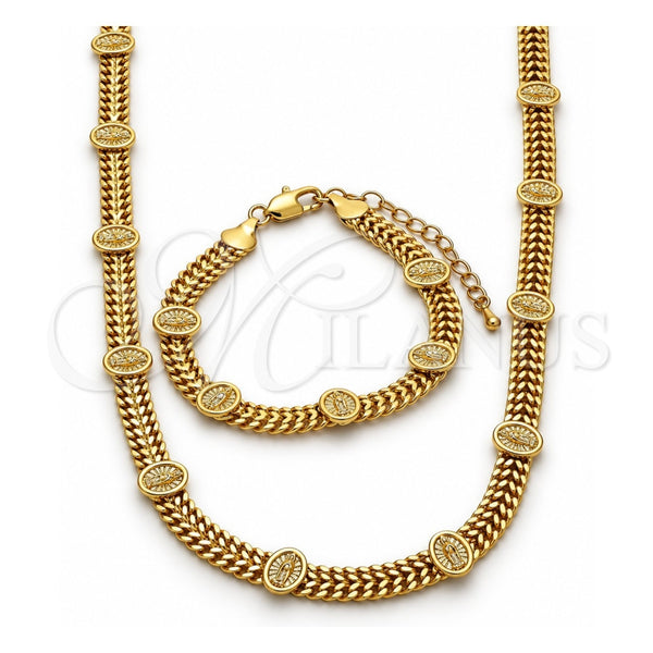 Oro Laminado Necklace and Bracelet, Gold Filled Style Guadalupe Design, Polished, Golden Finish, 06.185.0010