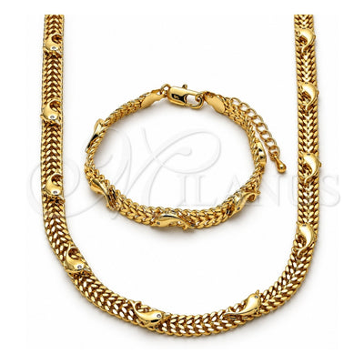 Oro Laminado Necklace and Bracelet, Gold Filled Style Dolphin Design, with White Crystal, Polished, Golden Finish, 06.185.0011