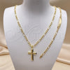 Oro Laminado Earring and Pendant Children Set, Gold Filled Style Figaro and Cross Design, Polished, Golden Finish, 06.63.0187
