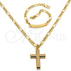 Oro Laminado Earring and Pendant Children Set, Gold Filled Style Figaro and Cross Design, Polished, Golden Finish, 06.63.0187