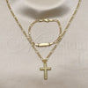 Oro Laminado Earring and Pendant Children Set, Gold Filled Style Figaro and Cross Design, Polished, Golden Finish, 06.63.0187