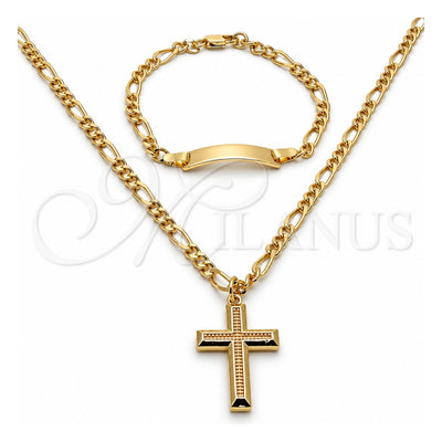 Oro Laminado Earring and Pendant Children Set, Gold Filled Style Figaro and Cross Design, Polished, Golden Finish, 06.63.0187