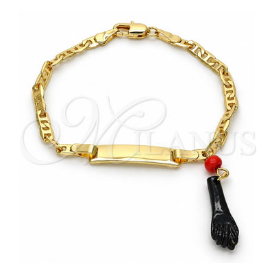 Oro Laminado Charm Bracelet, Gold Filled Style Hand Design, with Black and Orange Red Azavache, Polished, Golden Finish, 03.63.1811.06 (03 MM Thickness, 6 Inches Length)