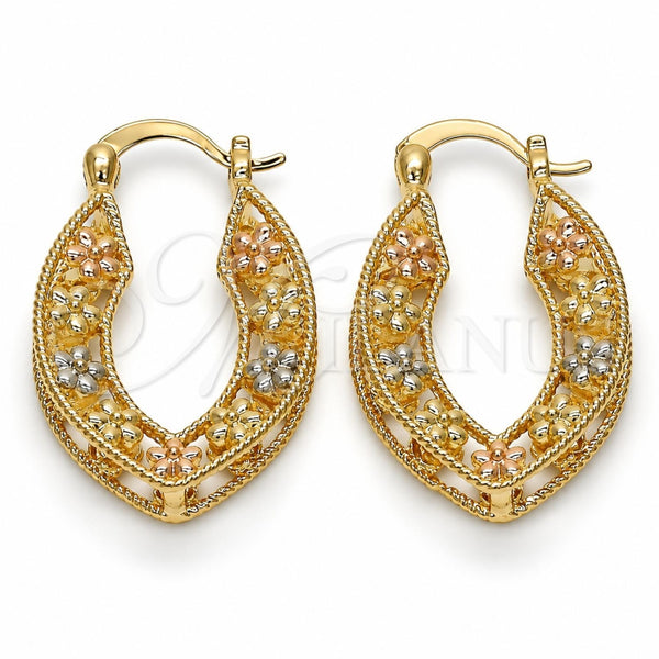Oro Laminado Small Hoop, Gold Filled Style Flower Design, Polished, Tricolor, 02.102.0026.25