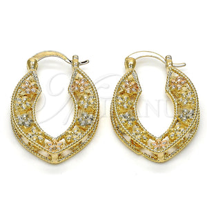 Gold Filled Hoop Earrings — Small Hoop Flower Design Polished Tricolor 02. — main product view — SKU 116074 | Oro Laminado aretes de aro — Small Hoop flor diseño pulido Tricolor 02. — SKU 116074