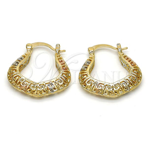 Gold Filled Hoop Earrings — Small Hoop Greek Key Design Polished Tricolor 02. — main product view — SKU 116078 | Oro Laminado aretes de aro — Small Hoop Greek Key diseño pulido Tricolor 02. — SKU 116078