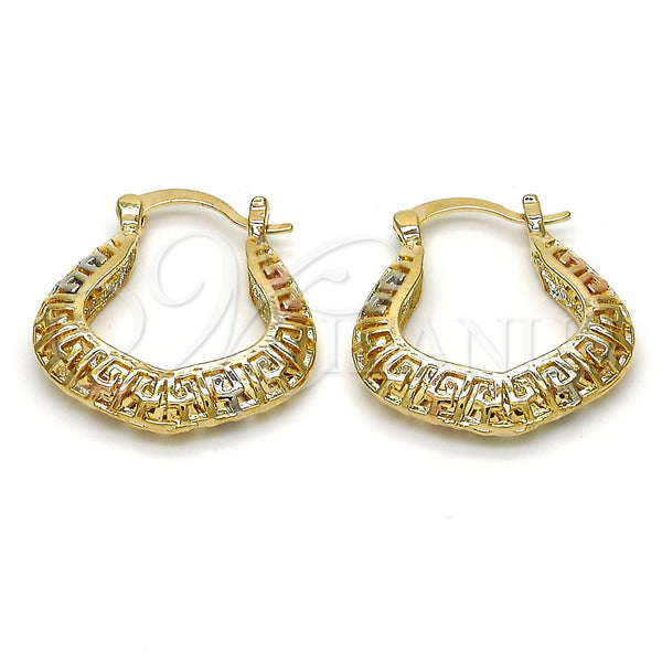 Gold Filled Hoop Earrings — Small Hoop Greek Key Design Polished Tricolor 02. — main product view — SKU 116078 | Oro Laminado aretes de aro — Small Hoop Greek Key diseño pulido Tricolor 02. — SKU 116078