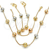 Oro Laminado Necklace, Bracelet and Earring, Gold Filled Style Ball Design, Diamond Cutting Finish, Tricolor, 06.170.0002