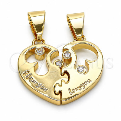 Oro Laminado Fancy Pendant, Gold Filled Style Heart and Love Design, with White Cubic Zirconia, Polished, Golden Finish, 05.179.0051