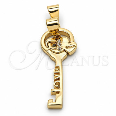 Oro Laminado Fancy Pendant, Gold Filled Style Heart and key Design, with White Cubic Zirconia, Polished, Golden Finish, 05.179.0052