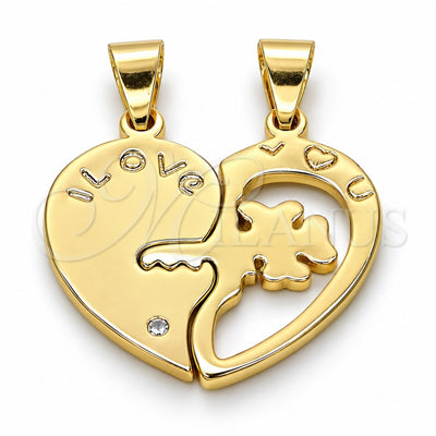 Oro Laminado Fancy Pendant, Gold Filled Style Heart and Love Design, with White Cubic Zirconia, Polished, Golden Finish, 05.179.0053