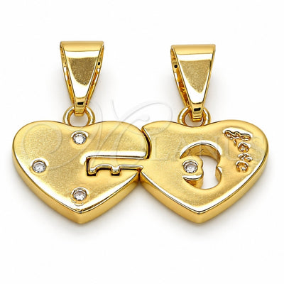 Oro Laminado Fancy Pendant, Gold Filled Style Heart and Love Design, with White Cubic Zirconia, Polished, Golden Finish, 05.179.0054