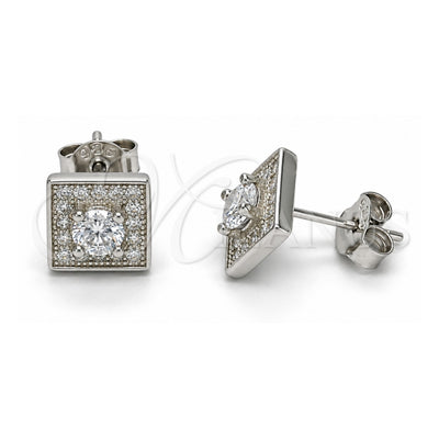 Sterling Silver Stud Earring, with White Cubic Zirconia and White Micro Pave, Polished, Rhodium Finish, 02.186.0023