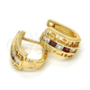 Oro Laminado Huggie Hoop, Gold Filled Style Greek Key Design, with Garnet and White Cubic Zirconia, Polished, Golden Finish, 02.237.0015.2.15