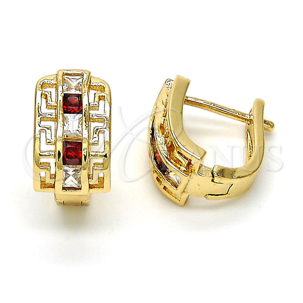 Gold Filled Hoop Earrings — Huggie Hoop Greek Key Design with Garnet and — main product view — SKU 116177 | Oro Laminado aretes de aro — Huggie Hoop Greek Key diseño with Garnet and — SKU 116177