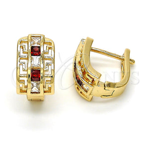 Gold Filled Hoop Earrings — Huggie Hoop Greek Key Design with Garnet and — main product view — SKU 116177 | Oro Laminado aretes de aro — Huggie Hoop Greek Key diseño with Garnet and — SKU 116177
