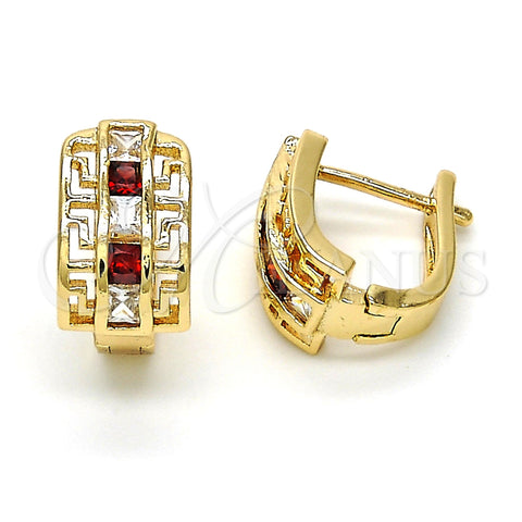 Oro Laminado Huggie Hoop, Gold Filled Style Greek Key Design, with Garnet and White Cubic Zirconia, Polished, Golden Finish, 02.237.0015.2.15