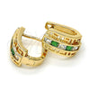 Oro Laminado Huggie Hoop, Gold Filled Style Greek Key Design, with Green and White Cubic Zirconia, Polished, Golden Finish, 02.237.0015.3.15