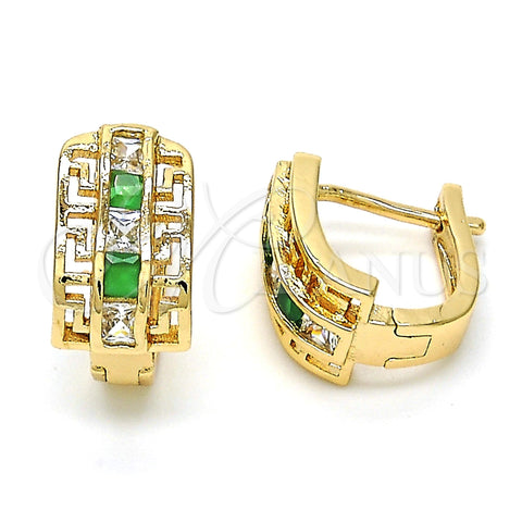 Oro Laminado Huggie Hoop, Gold Filled Style Greek Key Design, with Green and White Cubic Zirconia, Polished, Golden Finish, 02.237.0015.3.15