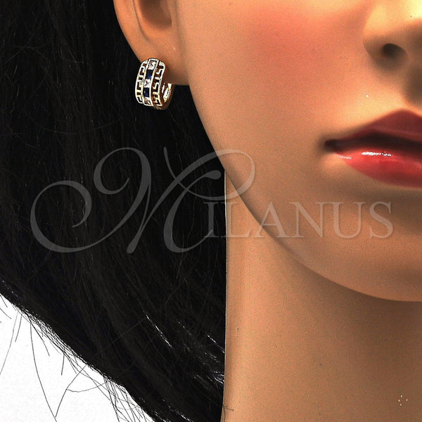 Gold Filled Hoop Earrings — Huggie Hoop Greek Key Design with Sapphire Blue — alternate product view — SKU 116179 | Oro Laminado aretes de aro — Huggie Hoop Greek Key diseño with Sapphire Blue — SKU 116179