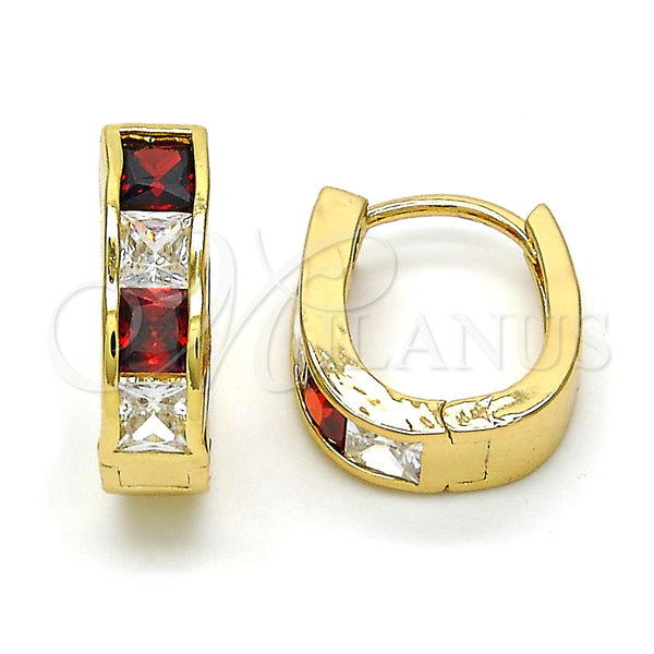 Gold Filled Hoop Earrings — Huggie Hoop with Garnet and White Cubic Zirconia — main product view — SKU 116186 | Oro Laminado aretes de aro — Huggie Hoop with Garnet and blanco Cubic Zirconia — SKU 116186