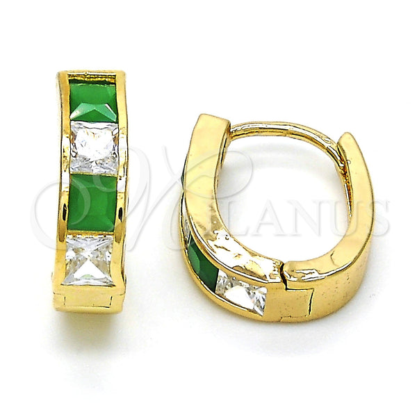 Gold Filled Hoop Earrings — Huggie Hoop with Green and White Cubic Zirconia — main product view — SKU 116187 | Oro Laminado aretes de aro — Huggie Hoop with Green and blanco Cubic Zirconia — SKU 116187
