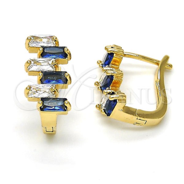 Gold Filled Hoop Earrings — Huggie Hoop Baguette Design with Sapphire Blue and — main product view — SKU 116191 | Oro Laminado aretes de aro — Huggie Hoop Baguette diseño with Sapphire Blue and — SKU 116191