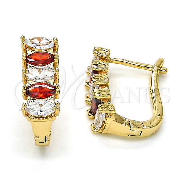 Gold Filled Hoop Earrings — Huggie Hoop with Garnet and White Cubic Zirconia — main product view — SKU 116192 | Oro Laminado aretes de aro — Huggie Hoop with Garnet and blanco Cubic Zirconia — SKU 116192