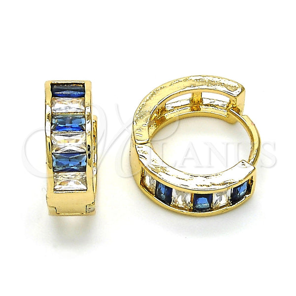 Gold Filled Hoop Earrings — Huggie Hoop with Sapphire Blue and White Cubic — main product view — SKU 116197 | Oro Laminado aretes de aro — Huggie Hoop with Sapphire Blue and blanco Cubic — SKU 116197