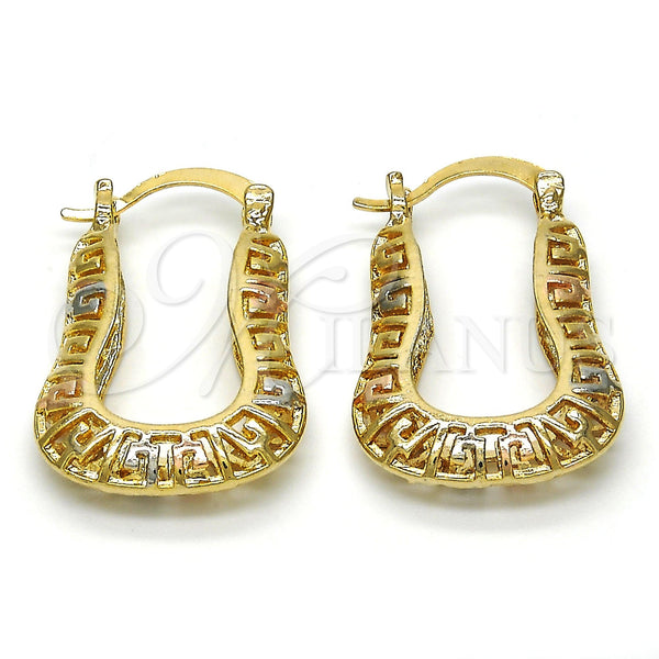 Gold Filled Hoop Earrings — Small Hoop Greek Key Design Polished Tricolor 02. — main product view — SKU 116204 | Oro Laminado aretes de aro — Small Hoop Greek Key diseño pulido Tricolor 02. — SKU 116204