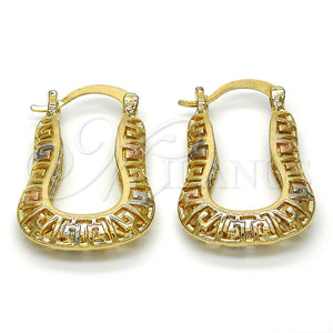 Gold Filled Hoop Earrings — Small Hoop Greek Key Design Polished Tricolor 02. — main product view — SKU 116204 | Oro Laminado aretes de aro — Small Hoop Greek Key diseño pulido Tricolor 02. — SKU 116204