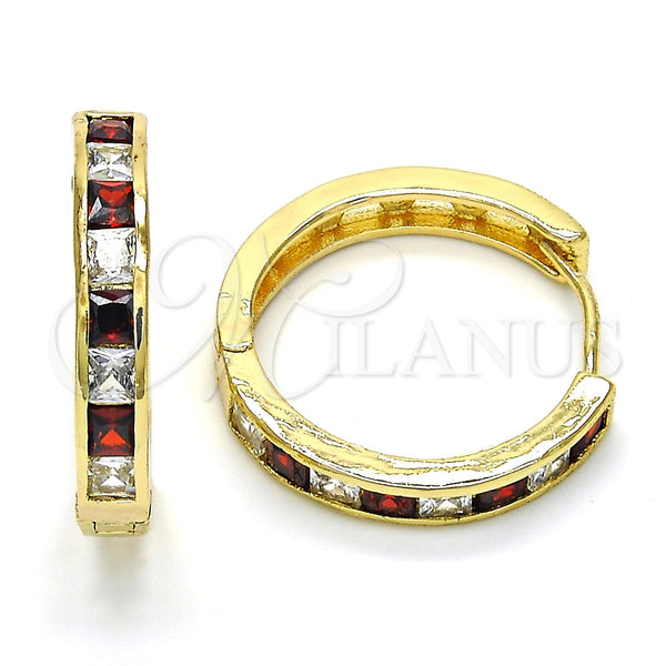 Gold Filled Hoop Earrings — Huggie Hoop with Garnet and White Cubic Zirconia — main product view — SKU 116217 | Oro Laminado aretes de aro — Huggie Hoop with Garnet and blanco Cubic Zirconia — SKU 116217