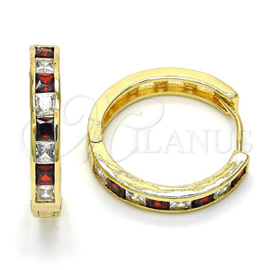 Gold Filled Hoop Earrings — Huggie Hoop with Garnet and White Cubic Zirconia — main product view — SKU 116217 | Oro Laminado aretes de aro — Huggie Hoop with Garnet and blanco Cubic Zirconia — SKU 116217