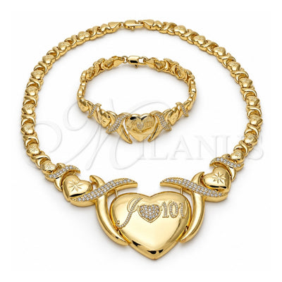 Oro Laminado Necklace and Bracelet, Gold Filled Style Heart and Hugs and Kisses Design, with White Cubic Zirconia, Diamond Cutting Finish, Golden Finish, 06.185.0014