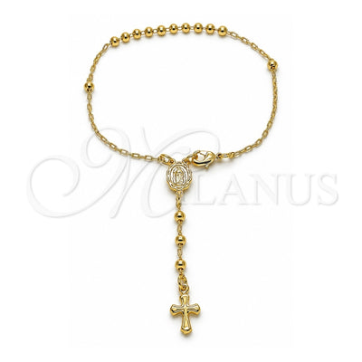Oro Laminado Bracelet Rosary, Gold Filled Style Guadalupe and Cross Design, Polished, Golden Finish, 03.197.0002.08