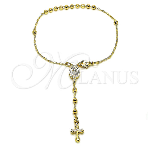 Oro Laminado Bracelet Rosary, Gold Filled Style Guadalupe and Cross Design, Polished, Golden Finish, 03.197.0002.08