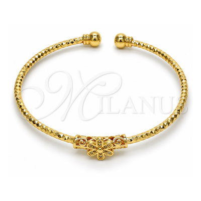 Oro Laminado Individual Bangle, Gold Filled Style Flower Design, with White Micro Pave, Diamond Cutting Finish, Golden Finish, 07.193.0002 (03 MM Thickness, One size fits all)