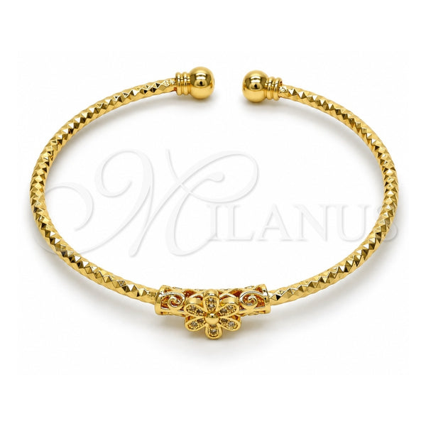 Oro Laminado Individual Bangle, Gold Filled Style Flower Design, with White Micro Pave, Diamond Cutting Finish, Golden Finish, 07.193.0002 (03 MM Thickness, One size fits all)