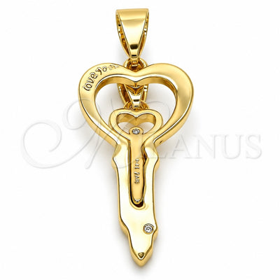 Oro Laminado Fancy Pendant, Gold Filled Style key and Love Design, with White Crystal, Polished, Golden Finish, 05.179.0055